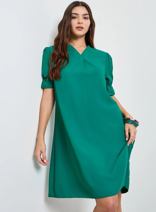 تايك تو Green Puff Sleeves A-Line Knee Length Dress