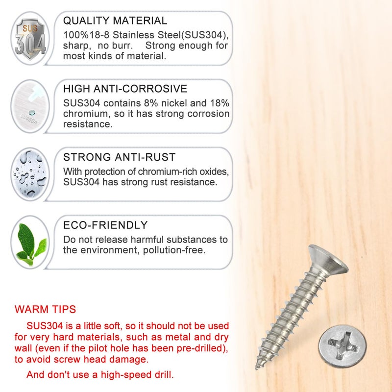 Kinder Wood Screws - 120PCS Flat Head Phillips Screws, 304 Stainless Steel Screw with Adjustable Wood Countersink Kit (#6 x 3/4") - Image 2