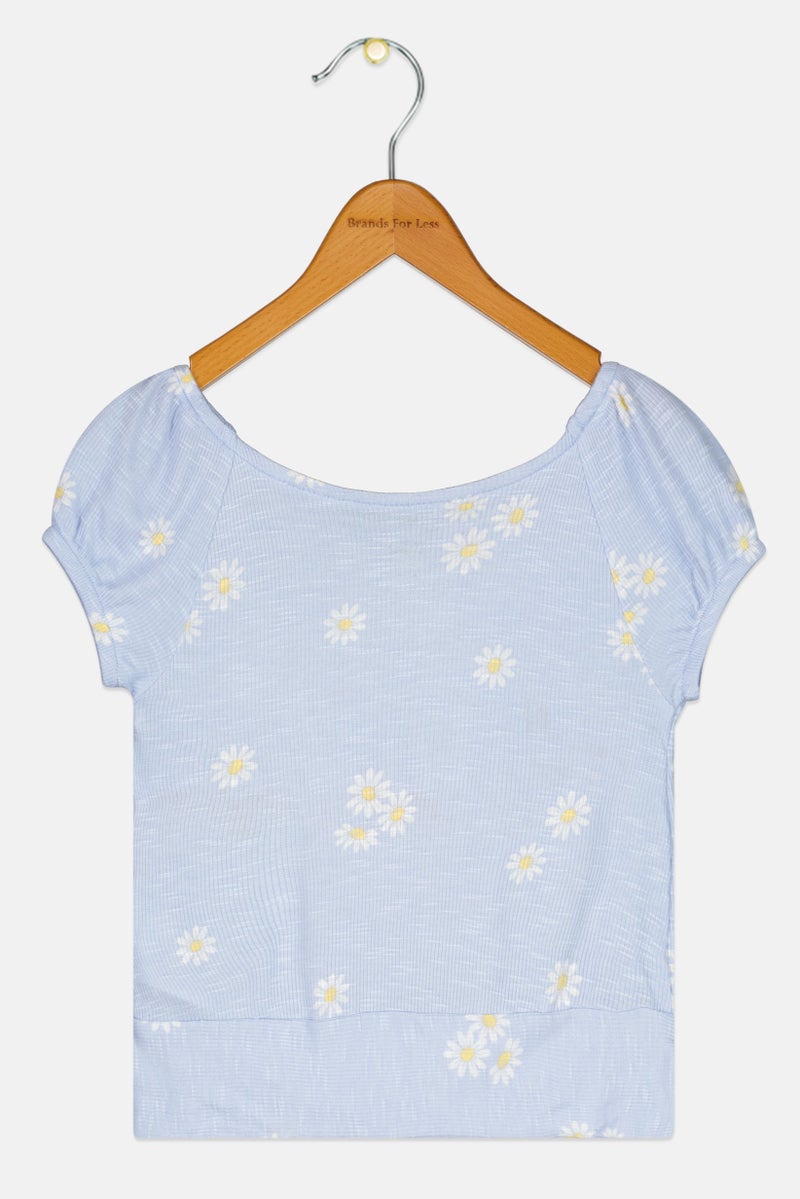 Levi's Kids Girl Floral Print Short Sleeve Top, Light Blue - Image 3