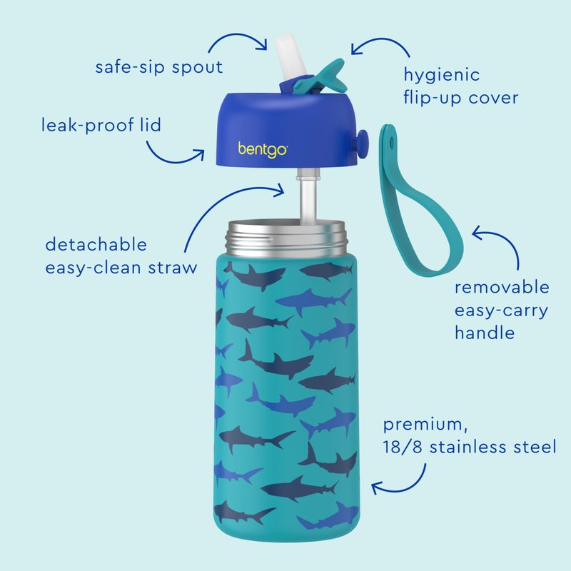Bentgo Kids Stainless Steel Insulated Water Bottle - Leak-Proof; Keeps Cool for 12 Hours; Durable  BPA-Free  Dishwasher Safe 14 oz. Cup for Ages 3+ for School/Sports/Daycare (Sharks) - Image 3