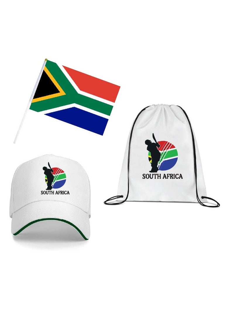 South Africa Sports Fans Combo Pack - Pack of 3 - Drawstring Bag, Hand Flag and Cap - South Africa Sports Enthusiasts Combo Pack - Ideal for Sports Matches and Events - Image 1