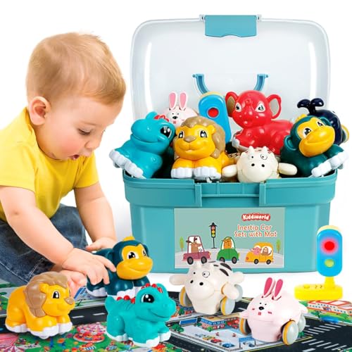 Kiddiworld ألعاب سيارات حيوانات كيديوورلد للأطفال بعمر سنة هدايا شاحنات صغيرة مع سجادة تخزين لصغار السن 12 1 أول عيد ميلاد عيد الميلاد الأول هدية للأطفال الرضع 12-18 شهرًا - Image 1