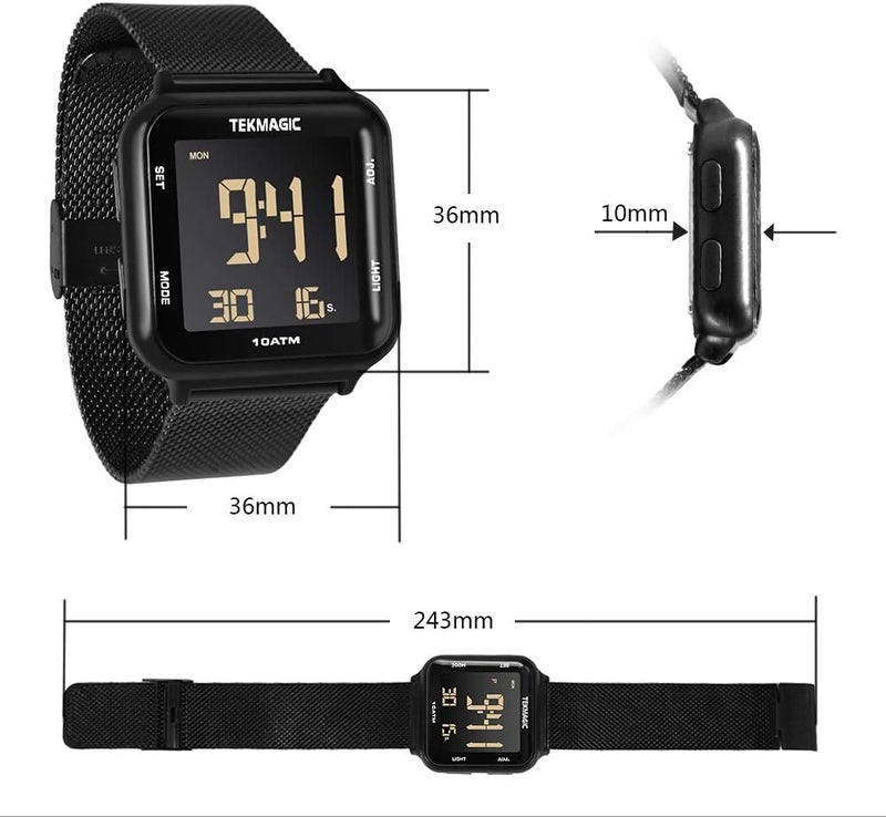 10 ATM Waterproof Digital Watch with Stainless Steel Wristband Support Swimming Diving Wear 100m Underwater, Alarm Clock, Chronograph, Timer, Countdown, Dual Time Zone, 12 or 24 Hour Format - Image 5