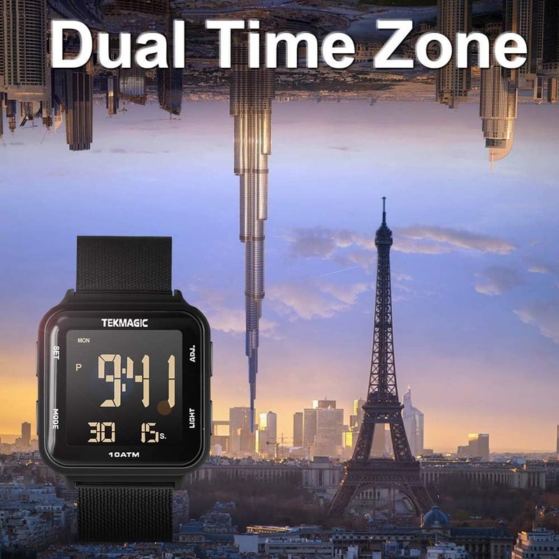 10 ATM Waterproof Digital Watch with Stainless Steel Wristband Support Swimming Diving Wear 100m Underwater, Alarm Clock, Chronograph, Timer, Countdown, Dual Time Zone, 12 or 24 Hour Format - Image 4