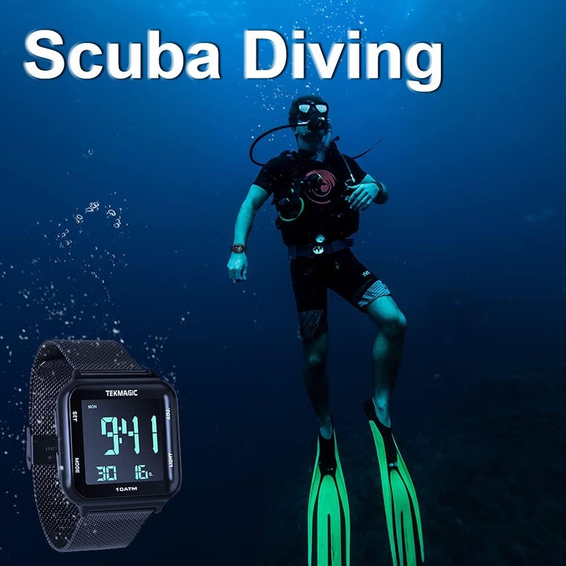 10 ATM Waterproof Digital Watch with Stainless Steel Wristband Support Swimming Diving Wear 100m Underwater, Alarm Clock, Chronograph, Timer, Countdown, Dual Time Zone, 12 or 24 Hour Format - Image 1