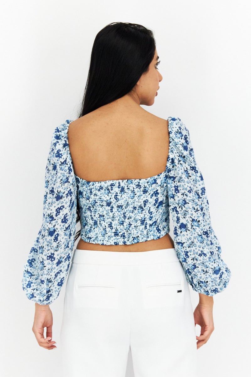 Bardot Women Off Shoulder Long Sleeves Floral Cropped Top, Blue Combo - Image 3
