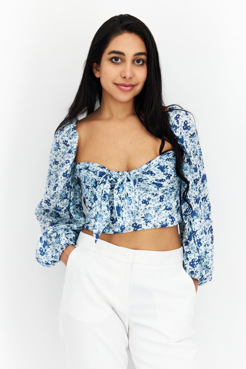 Bardot Women Off Shoulder Long Sleeves Floral Cropped Top, Blue Combo - Image 1