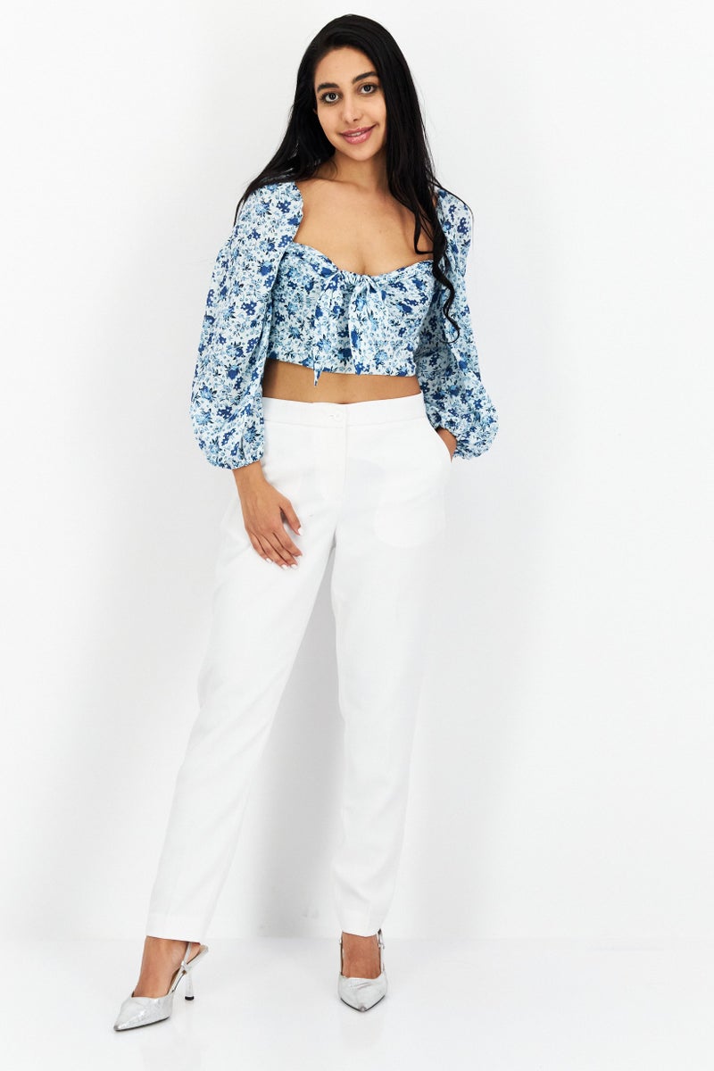 Bardot Women Off Shoulder Long Sleeves Floral Cropped Top, Blue Combo - Image 4