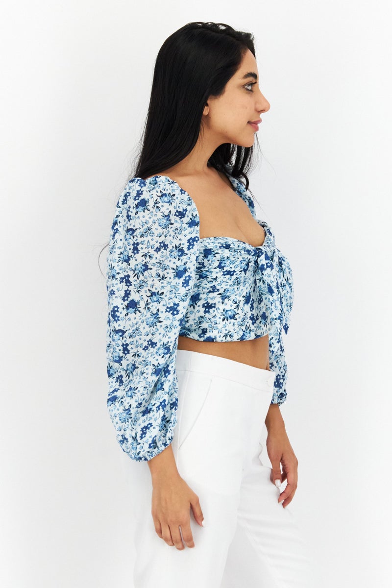 Bardot Women Off Shoulder Long Sleeves Floral Cropped Top, Blue Combo - Image 2