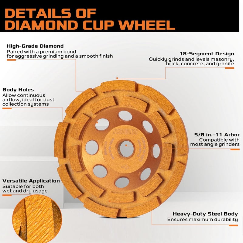 KSEIBI 644116 Diamond Concrete Grinding Wheel 4 1/2" x 5/8"-11 for Polishing and Cleaning Stone Concrete Surface, Cement, Marble, Rock, Granite, and Thinset Removing, Angle Grinder Wheels Cup Multi-purpose fine material - Image 2