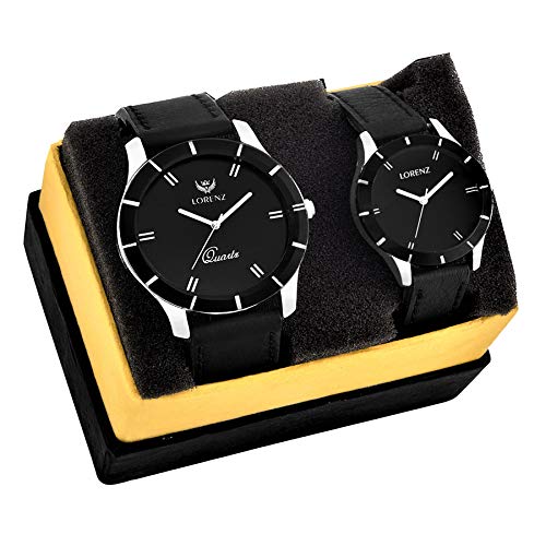 LORENZ AM-1 Black Analogue Leather Strap Couple Watch Combo - Image 1