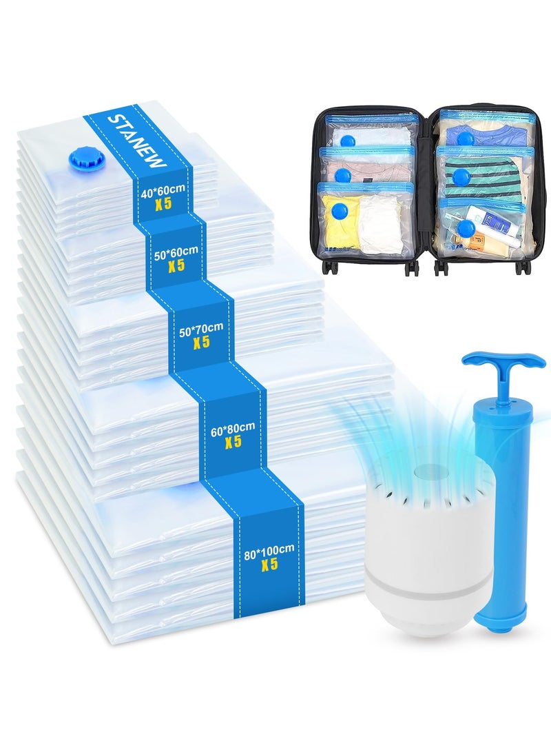 Vacuum Storage Bag 25 Pcs Large Deluxe Zipper, Reusable Compression Bags Space Saver with Electric Pump and Hand Pump, Vacuum Bag Use for Duvets, Pillows, Blankets, Curtains, Travel, Clothes