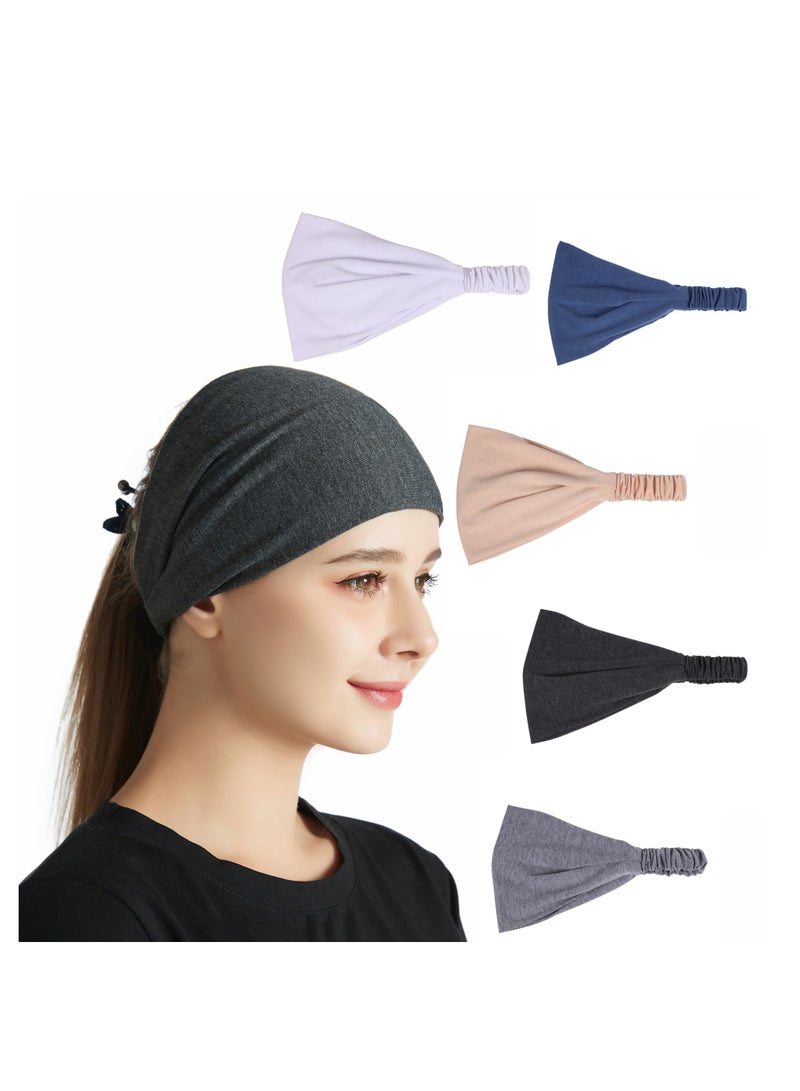 NOVOLAN Sports Headband 5 Pack Men Women Head Wrap Sweat Band Hairband Solid Color Fabric Headband Yoga Running Sports Elastic Band Hairband Non Slip Full Coverage, Sweat-Wicking 5 Colors - Image 1