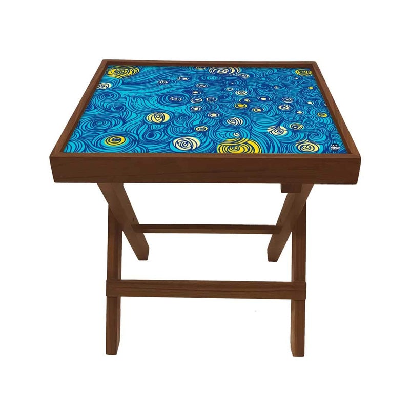 Nutcase Designer Teak Wood Side Table Folding Wooden Bedside Coffee Outdoor Picnic Table Starry Night - Image 1