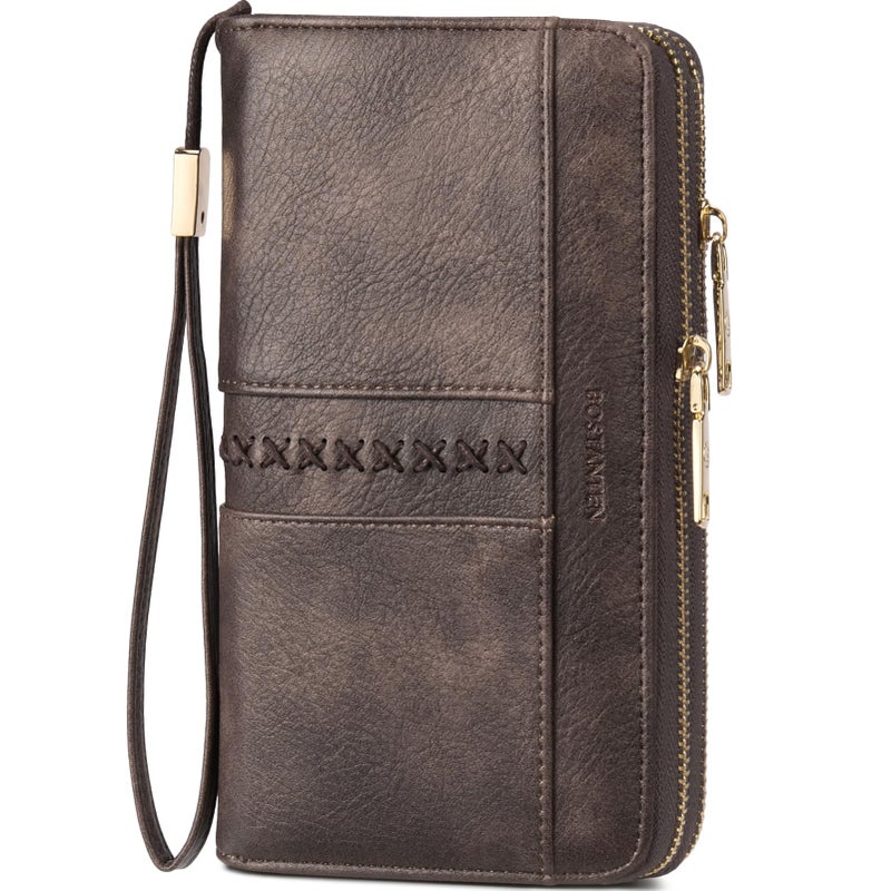 BOSTANTEN Wallets for Women Leather RFID Double Zipper Around Credit Card Holder Large Capacity Wristlet Clutch Wallet with Grip Hand Strap Coffee - Image 1