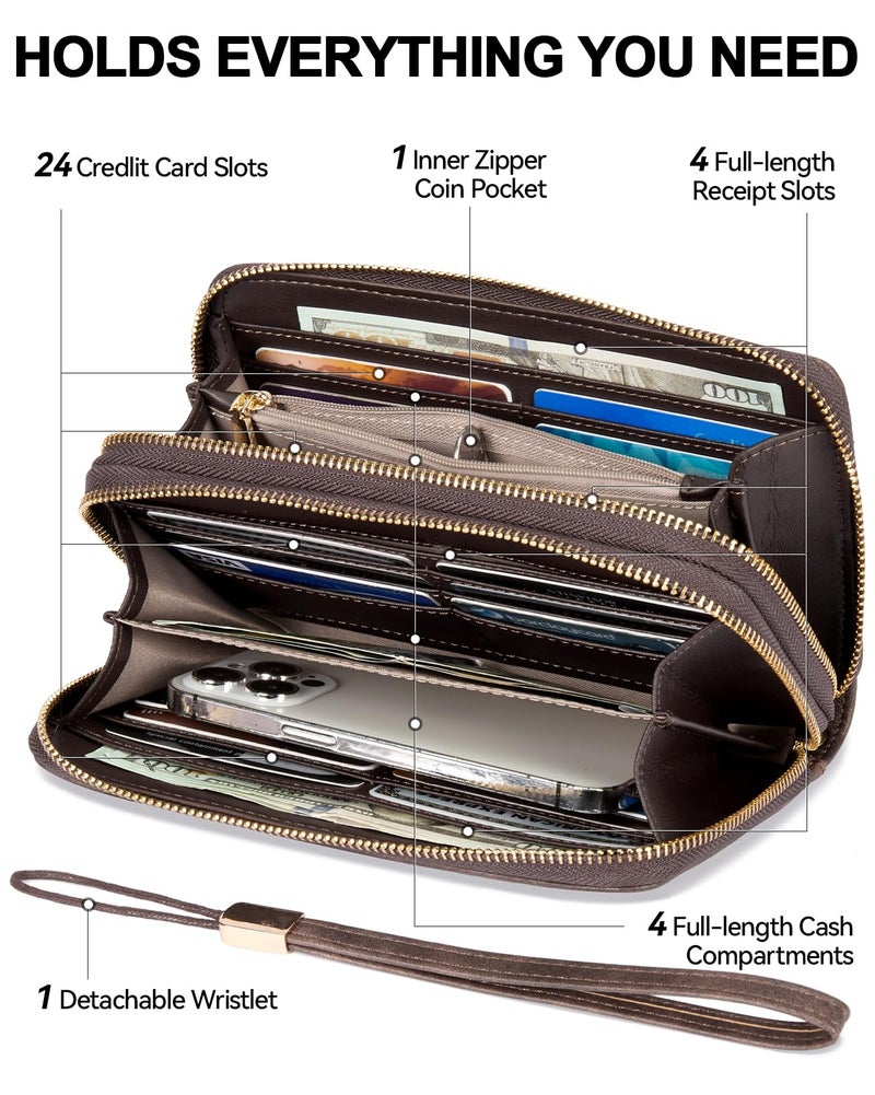 BOSTANTEN Wallets for Women Leather RFID Double Zipper Around Credit Card Holder Large Capacity Wristlet Clutch Wallet with Grip Hand Strap Coffee - Image 3