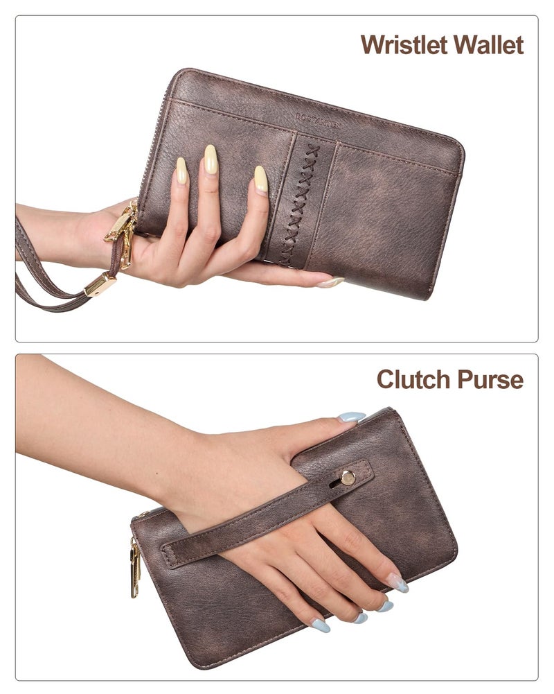 BOSTANTEN Wallets for Women Leather RFID Double Zipper Around Credit Card Holder Large Capacity Wristlet Clutch Wallet with Grip Hand Strap Coffee - Image 2