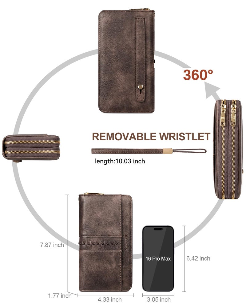 BOSTANTEN Wallets for Women Leather RFID Double Zipper Around Credit Card Holder Large Capacity Wristlet Clutch Wallet with Grip Hand Strap Coffee - Image 5