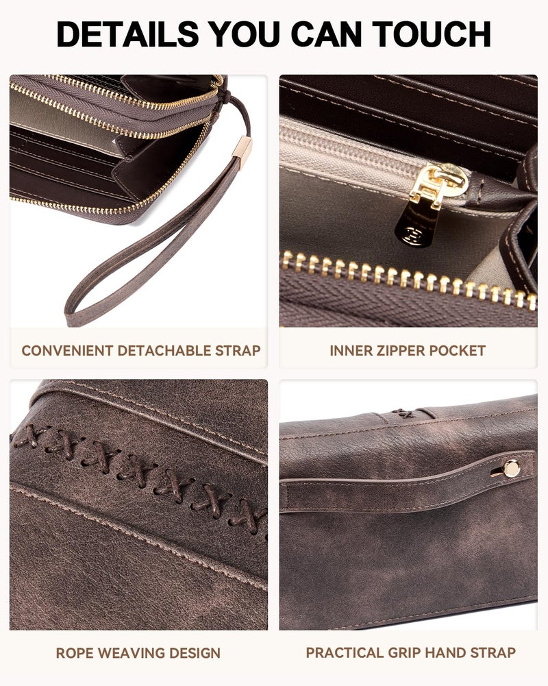 BOSTANTEN Wallets for Women Leather RFID Double Zipper Around Credit Card Holder Large Capacity Wristlet Clutch Wallet with Grip Hand Strap Coffee - Image 4