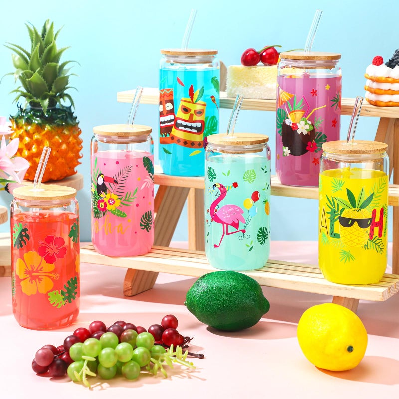 Layhit 6 Pcs Hawaiian Luau Drinking Glass Cups Tropical Flamingo Palm Leaves Hibiscus Iced Coffee Cups with Lids and Straws for Summer Beach Hawaiia Luau Tiki Party(Hawaii) - Image 5