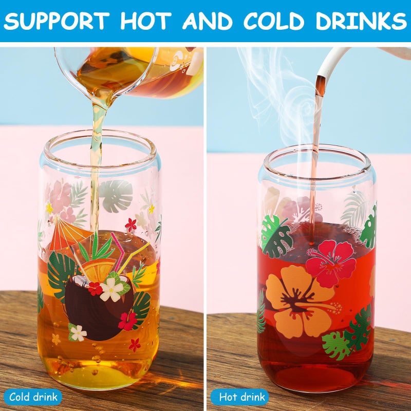 Layhit 6 Pcs Hawaiian Luau Drinking Glass Cups Tropical Flamingo Palm Leaves Hibiscus Iced Coffee Cups with Lids and Straws for Summer Beach Hawaiia Luau Tiki Party(Hawaii) - Image 3