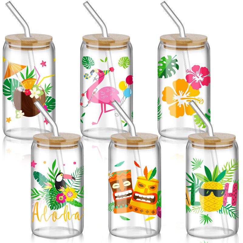 Layhit 6 Pcs Hawaiian Luau Drinking Glass Cups Tropical Flamingo Palm Leaves Hibiscus Iced Coffee Cups with Lids and Straws for Summer Beach Hawaiia Luau Tiki Party(Hawaii) - Image 1
