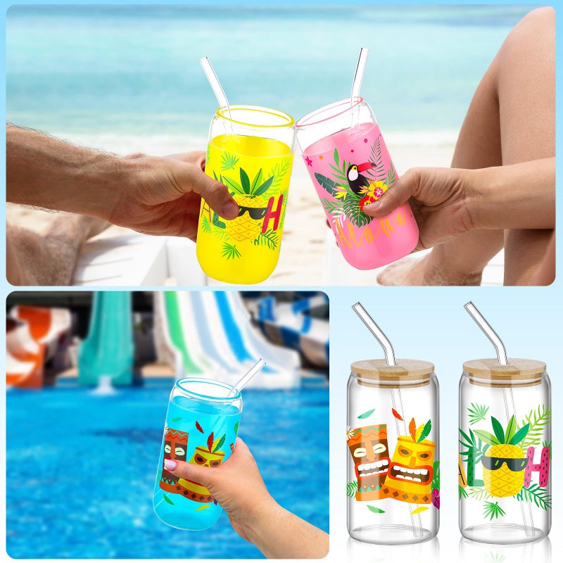 Layhit 6 Pcs Hawaiian Luau Drinking Glass Cups Tropical Flamingo Palm Leaves Hibiscus Iced Coffee Cups with Lids and Straws for Summer Beach Hawaiia Luau Tiki Party(Hawaii) - Image 4