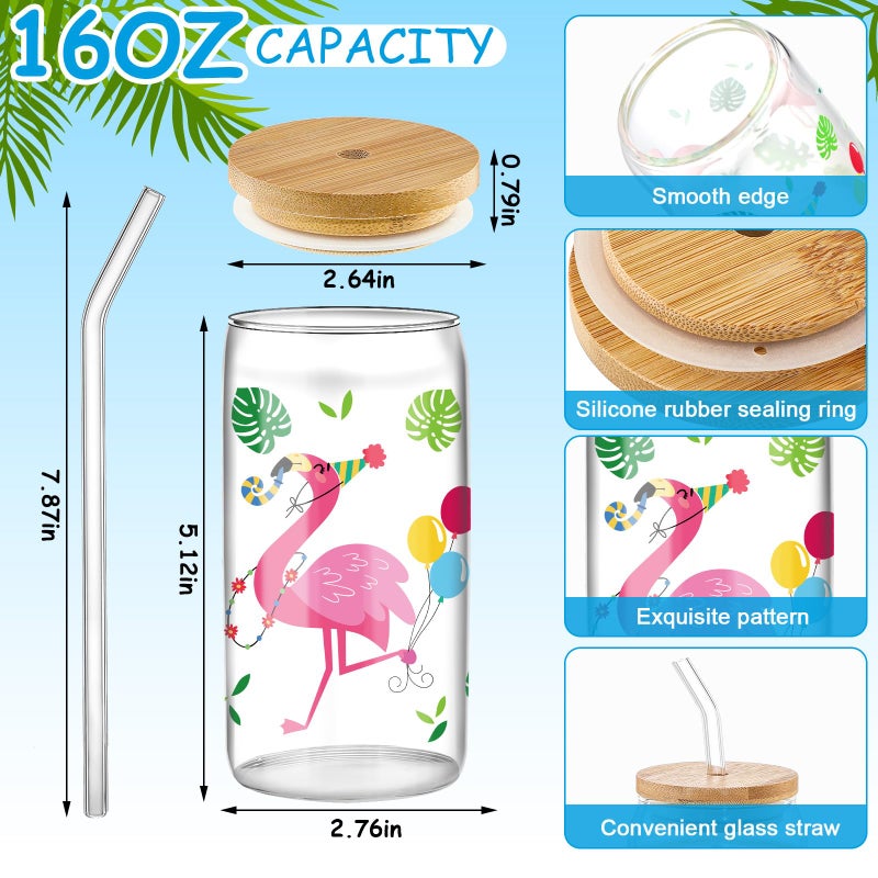 Layhit 6 Pcs Hawaiian Luau Drinking Glass Cups Tropical Flamingo Palm Leaves Hibiscus Iced Coffee Cups with Lids and Straws for Summer Beach Hawaiia Luau Tiki Party(Hawaii) - Image 2
