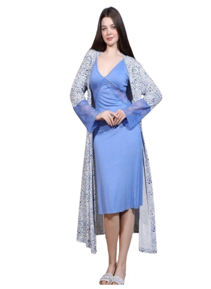 Long cotton viscose robe shirt - Light blue color - Image 1