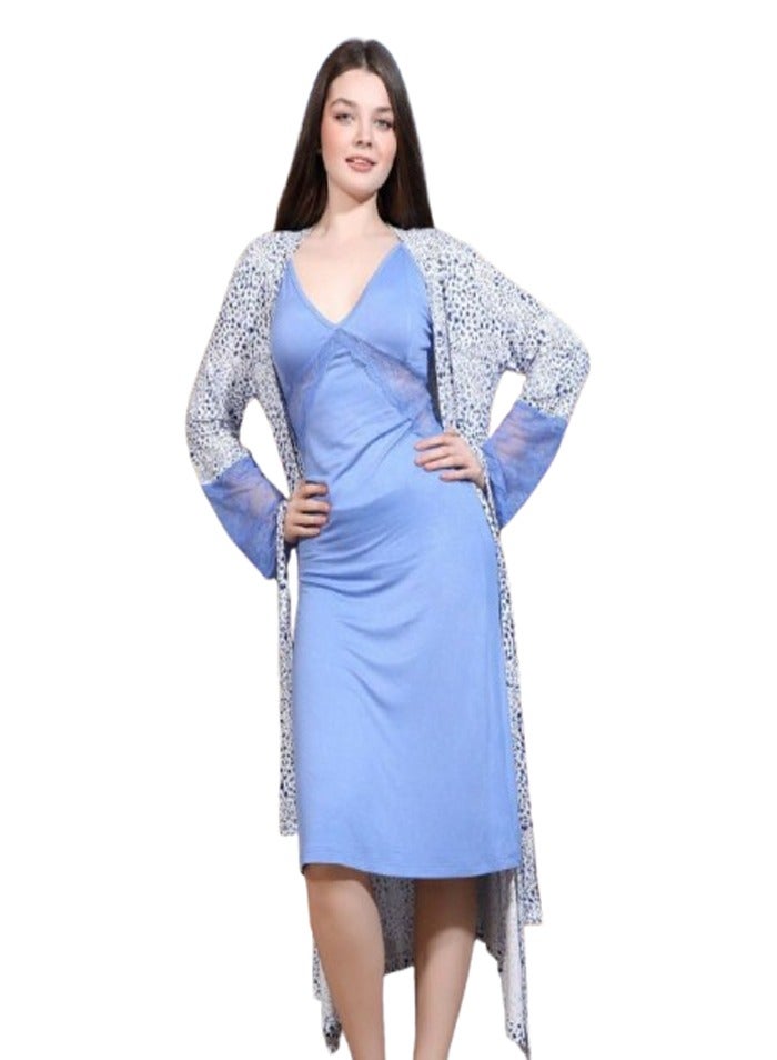 Long cotton viscose robe shirt - Light blue color - Image 2