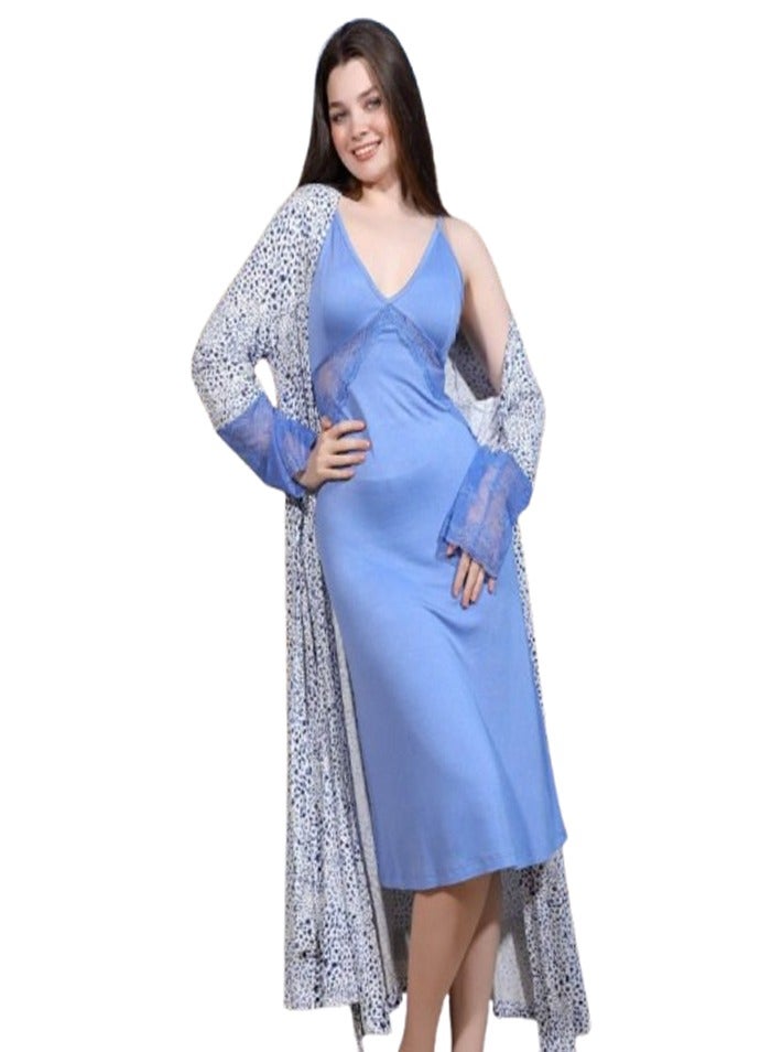 Long cotton viscose robe shirt - Light blue color - Image 3