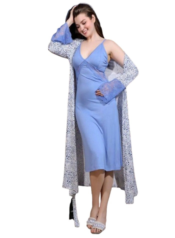 Long cotton viscose robe shirt - Light blue color - Image 4