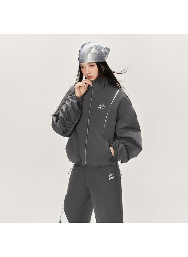 EPTISON زي رياضي للنساء، سترة كاجوال فضفاضة بياقة واقفة لخريف مع بنطلونات رياضية عالية الخصر مجموعة من قطعتين - Image 3