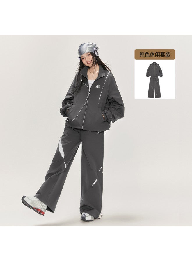 EPTISON زي رياضي للنساء، سترة كاجوال فضفاضة بياقة واقفة لخريف مع بنطلونات رياضية عالية الخصر مجموعة من قطعتين - Image 2