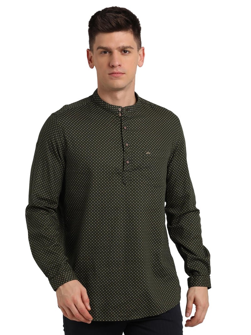 Turtle Men 100% Cotton Dark Green Printed Slim Fit Casual Kurta Shirt - Image 1