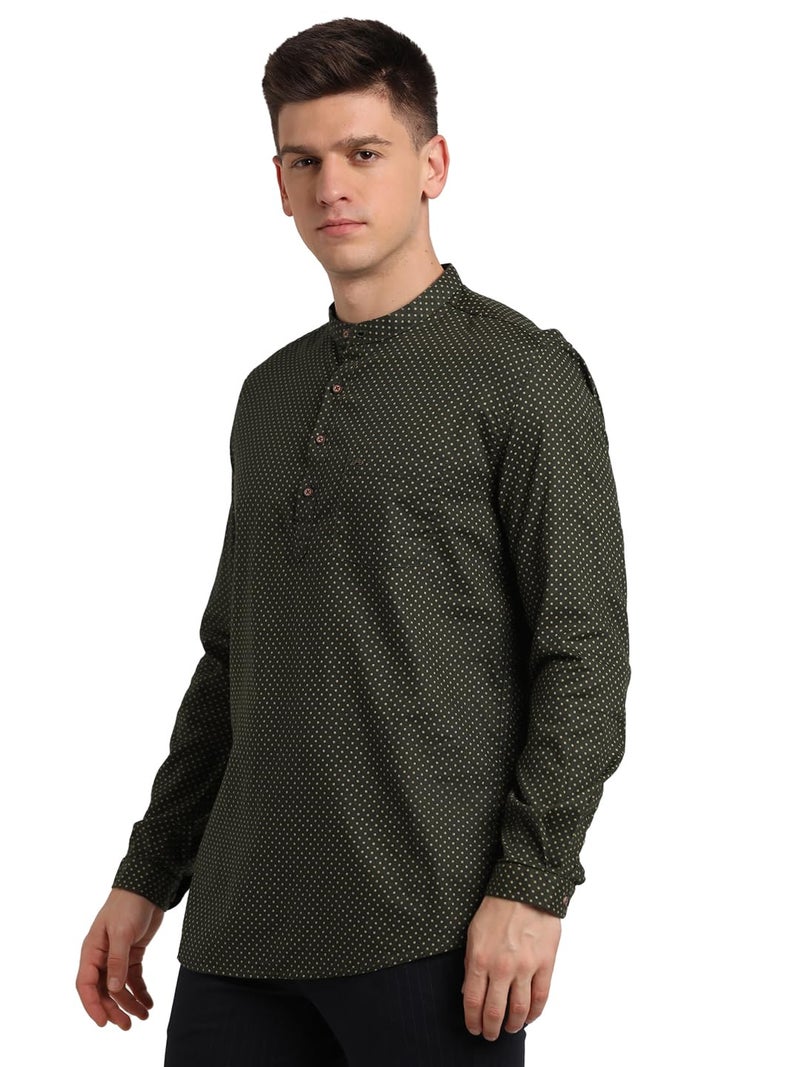 Turtle Men 100% Cotton Dark Green Printed Slim Fit Casual Kurta Shirt - Image 3