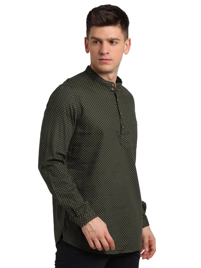 Turtle Men 100% Cotton Dark Green Printed Slim Fit Casual Kurta Shirt - Image 4