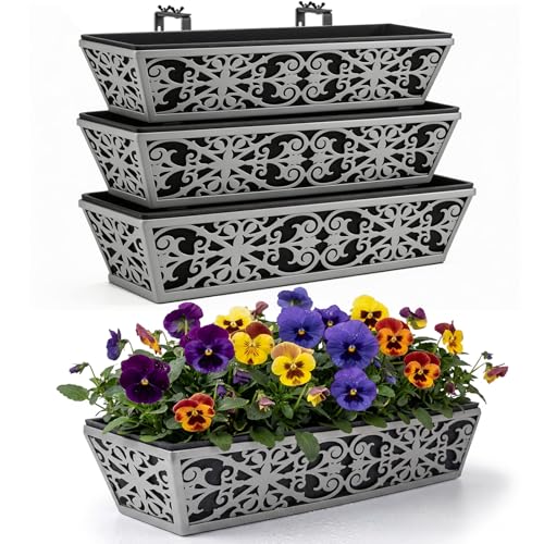 Karlliu 4 Pack 24 Inch Window Boxes Planter for Outdoor Plants Deck Railing Planters Box with Adjustable Brackets for Porch Fence Balcony Hanging Flower Baskets with Non-Woven Fabric Liner for Garden Decor - Image 1