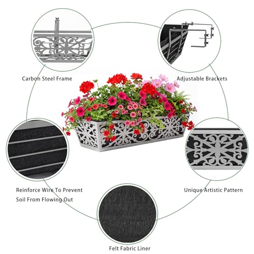 Karlliu 4 Pack 24 Inch Window Boxes Planter for Outdoor Plants Deck Railing Planters Box with Adjustable Brackets for Porch Fence Balcony Hanging Flower Baskets with Non-Woven Fabric Liner for Garden Decor - Image 3