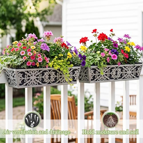 Karlliu 4 Pack 24 Inch Window Boxes Planter for Outdoor Plants Deck Railing Planters Box with Adjustable Brackets for Porch Fence Balcony Hanging Flower Baskets with Non-Woven Fabric Liner for Garden Decor - Image 2