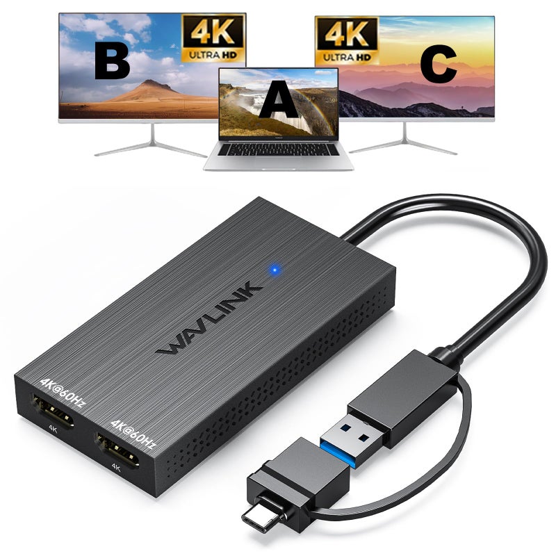 WAVLINK USB 3.0 & USB C to Dual HDMI Adapter 4K@60Hz for 2 Monitors, DisplayLink USB C HDMI Adapter for Dual Monitor, for Mac M1/M2/M3, Windows, ChromeOS, Ubuntu, Android - Image 1