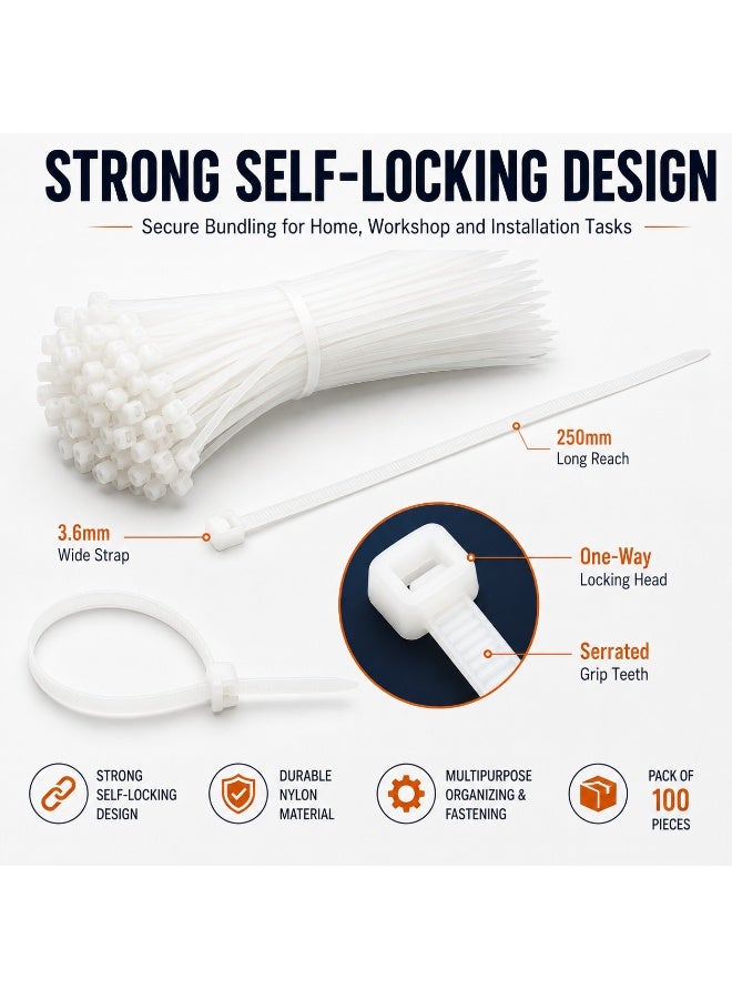 100PCS Heavy Duty White Nylon Cable Ties 250mm × 3.6mm, Extra Wide Self-Locking Zip Ties for Electrical Wires, Home, Garden, Automotive, Workshop and DIY Organization - Image 2