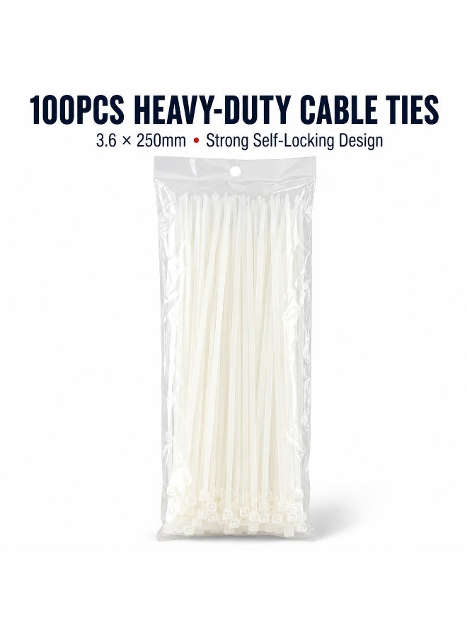 100PCS Heavy Duty White Nylon Cable Ties 250mm × 3.6mm, Extra Wide Self-Locking Zip Ties for Electrical Wires, Home, Garden, Automotive, Workshop and DIY Organization - Image 3