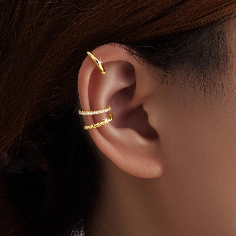 Poxtex Gold Ear Cuffs for Women, Non-Piercing, 14K Real Gold, Waterproof, Trendy Tiny Dainty Cubic Zirconia Clip-On Earrings - Image 3