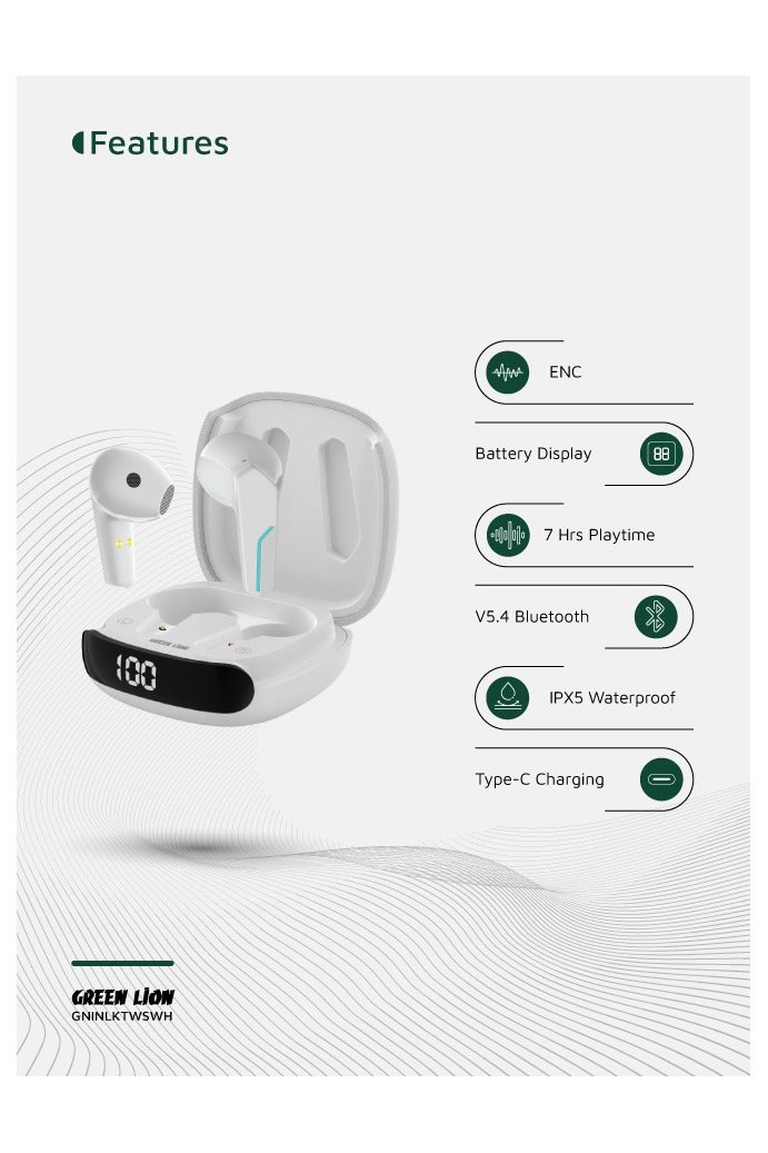 جرين ليون سماعات أذن إنترلاكن اللاسلكية الحقيقية مع خاصية إلغاء الضوضاء وميكروفون مزدوج / وقت تشغيل 7 ساعات / مقاومة للماء IPX5 / بلوتوث V5.4 / سماعات أذن TWS / وقت استعداد 180 ساعة - أبيض - Image 2