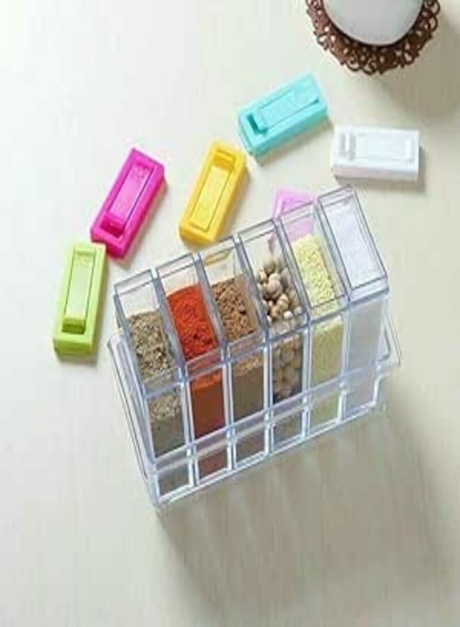 Generic Acrylic Spice Container Set with Stand, 6 Piece Rectangular Storage Boxes, Multicolor Lids, Clear Plastic Organizer .db