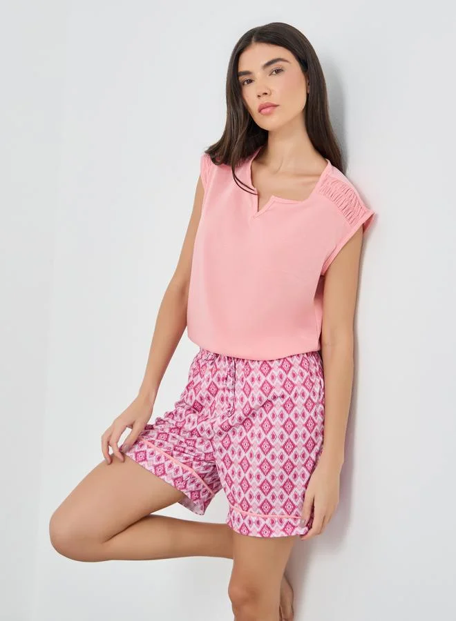 Styli Styli Ruched Shoulder Detail Notch Neck Top and Shorts Pyjama Set