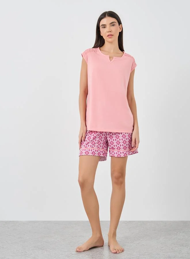 Styli Styli Ruched Shoulder Detail Notch Neck Top and Shorts Pyjama Set