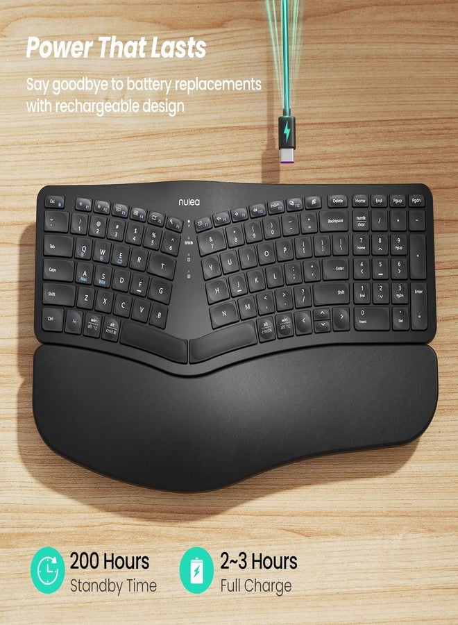 Nulea Wireless Ergonomic Keyboard, Split Keyboard with Cushioned Wrist Rest, Bluetooth and USB Connectivity, USB-C Rechargeable, Compatible with Windows Mac(Black) - Image 3