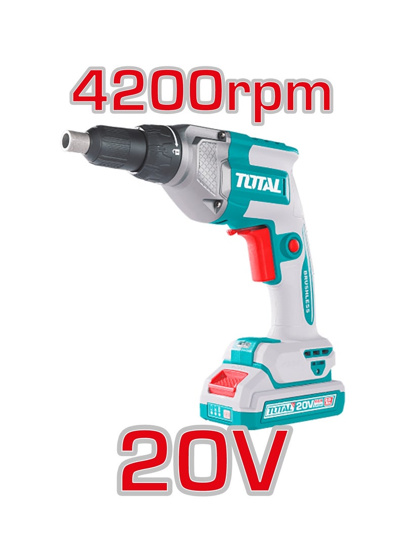 TOTAL 20V Cordless Drywall Screwdriver - 4200RPM High-Speed Plasterboard Gun with 2.0Ah Battery, Charger, 5 Bits & Carrying Case - TDSLI204281 - Image 5
